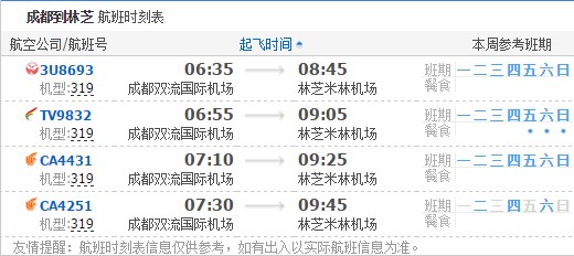 成都到林芝航班时刻表