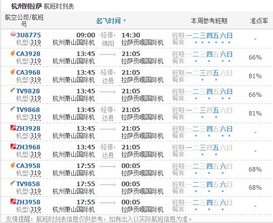 杭州到拉萨航班